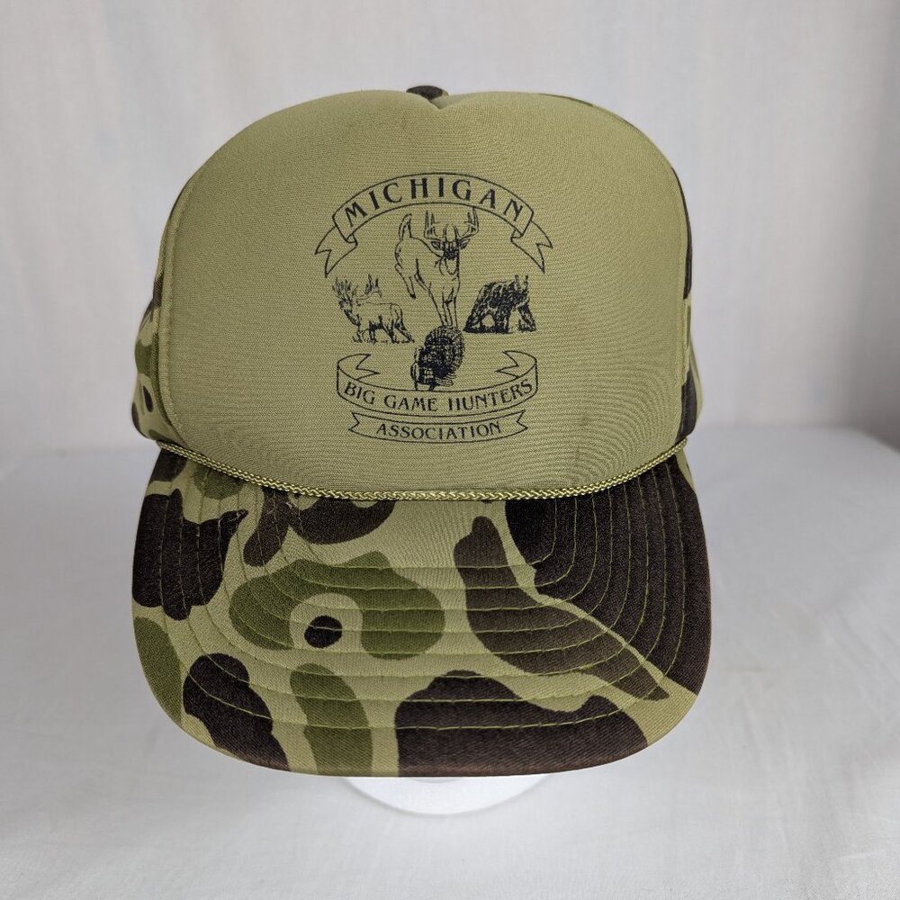 Michigan Big Game Hunters Association Hat Snapback Camo Green Brown Vtg Nissin